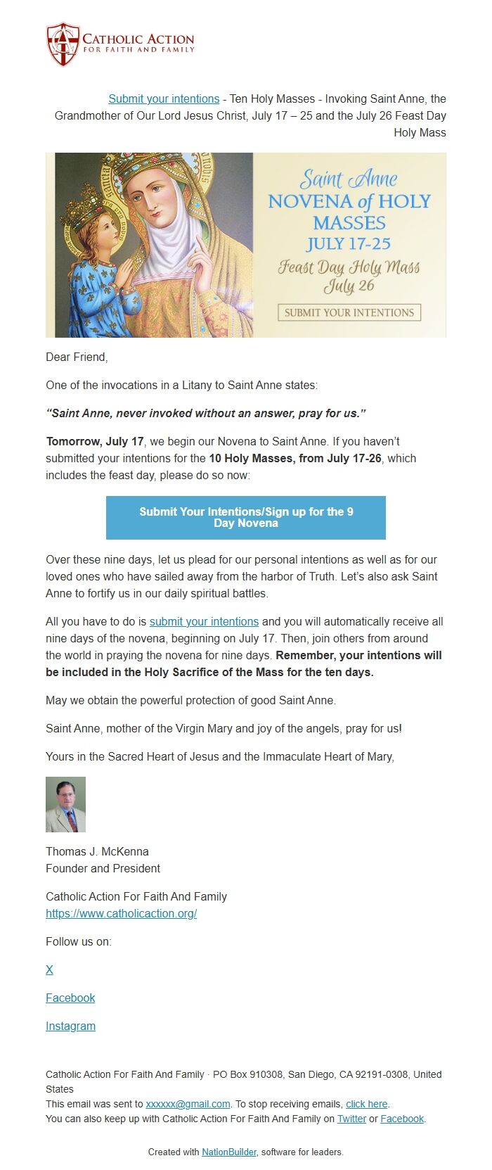 Screenshot of the email generated on import