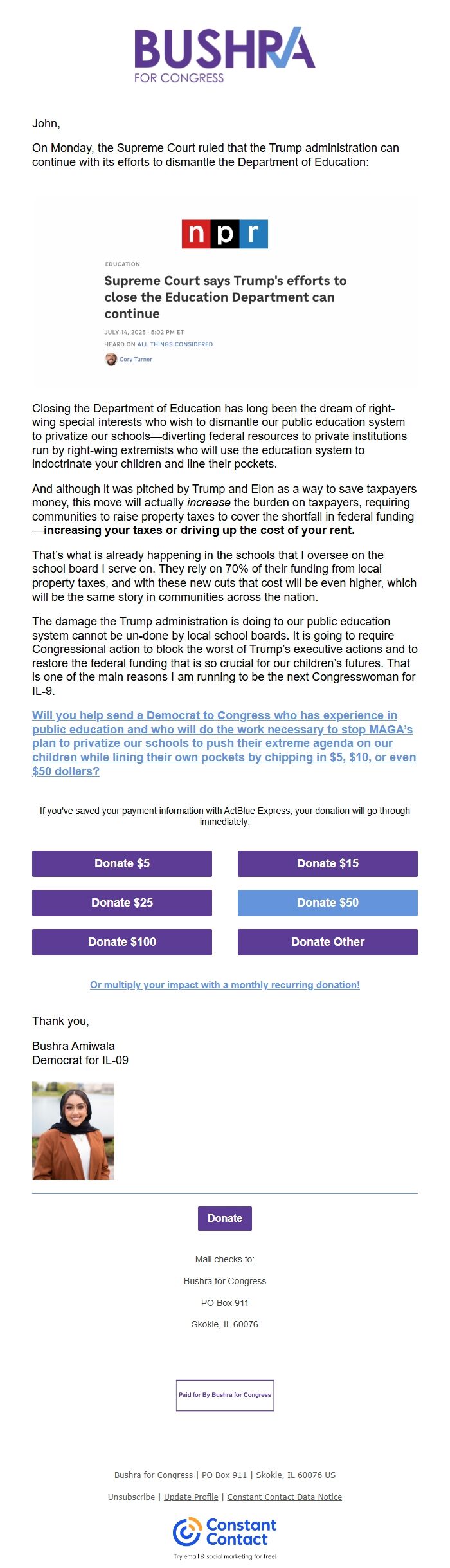 Screenshot of the email generated on import