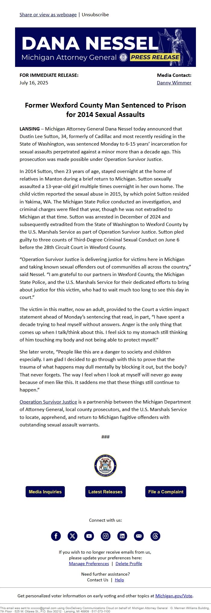 Screenshot of the email generated on import