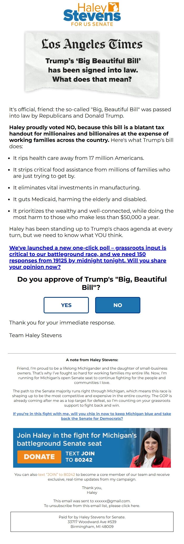 Screenshot of the email generated on import