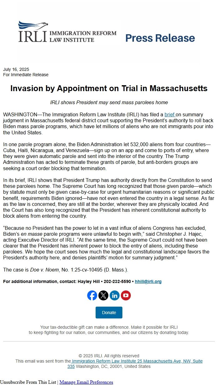 Screenshot of the email generated on import