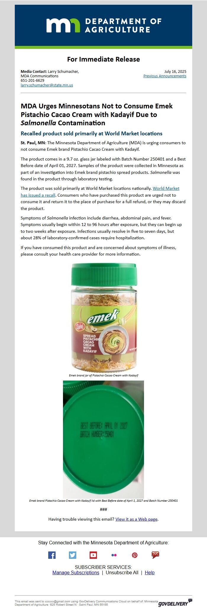 Screenshot of the email generated on import