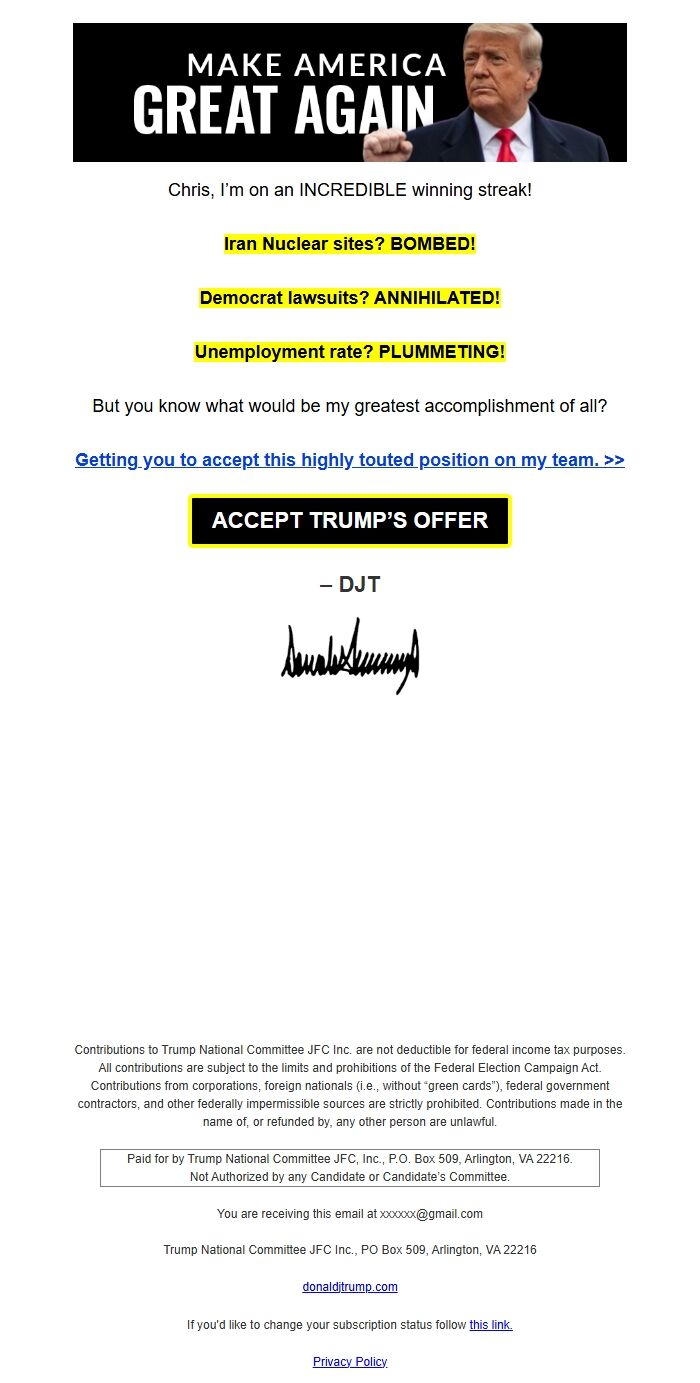 Screenshot of the email generated on import