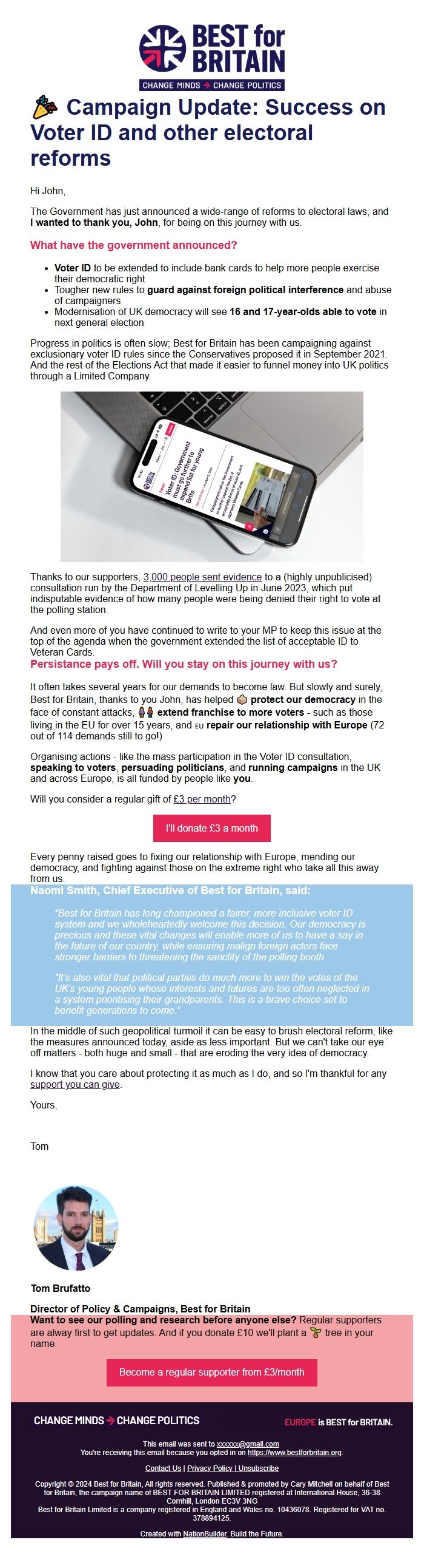 Screenshot of the email generated on import