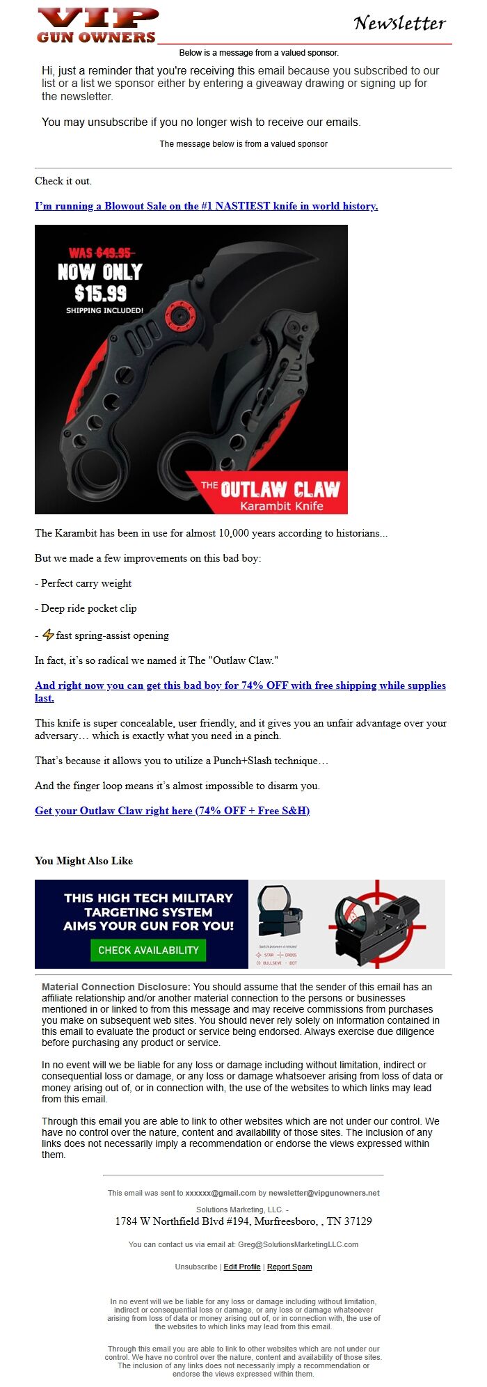 Screenshot of the email generated on import