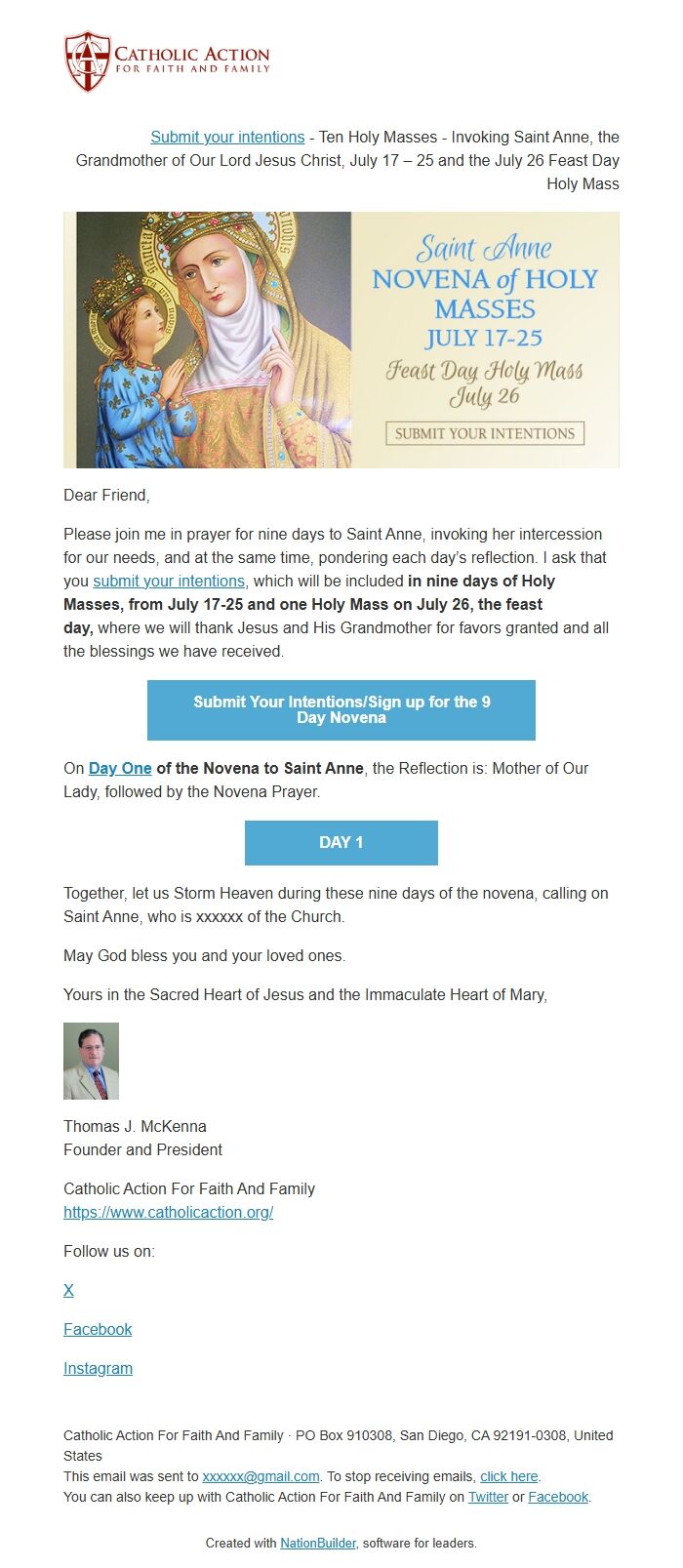 Screenshot of the email generated on import