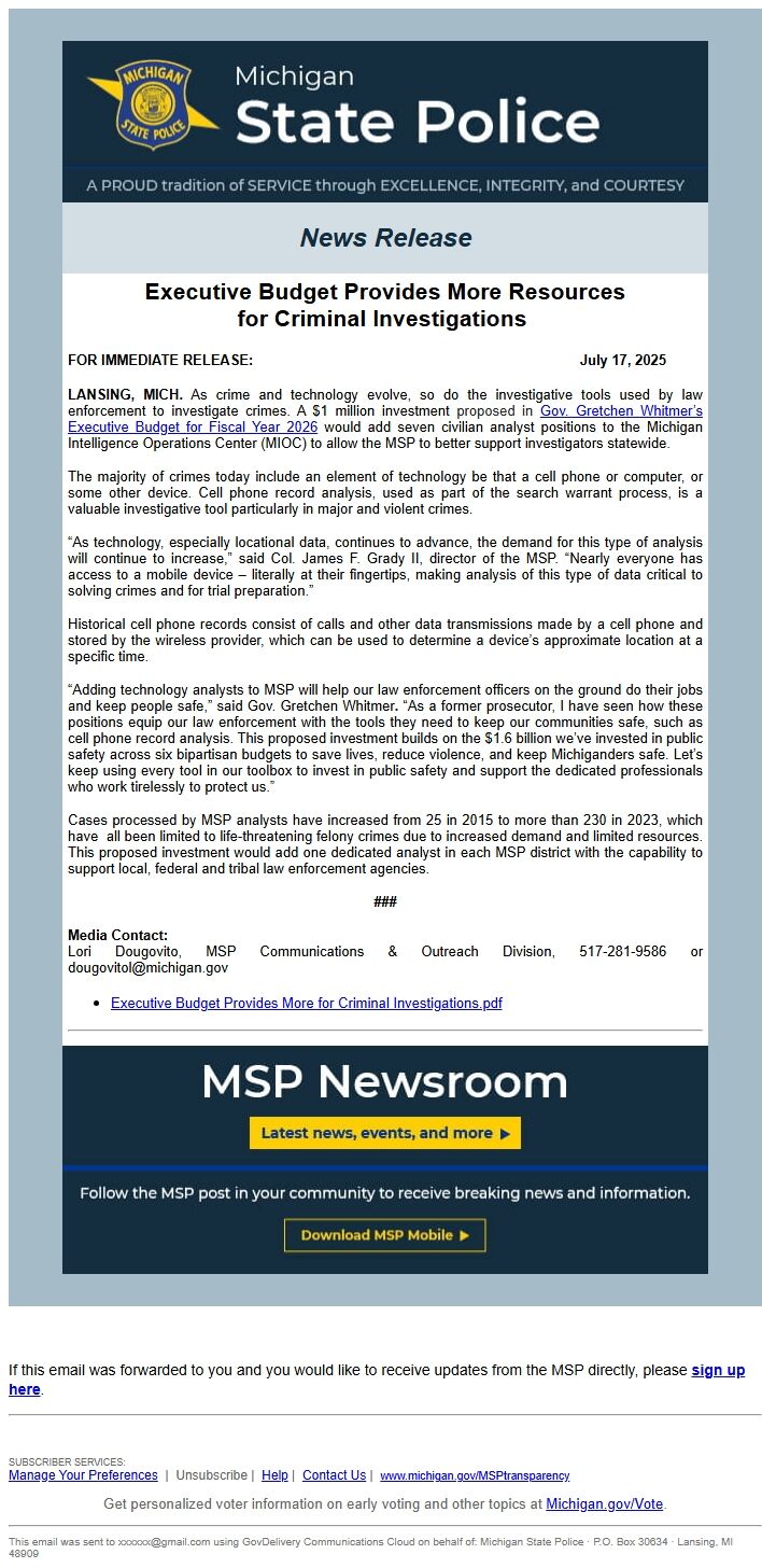 Screenshot of the email generated on import