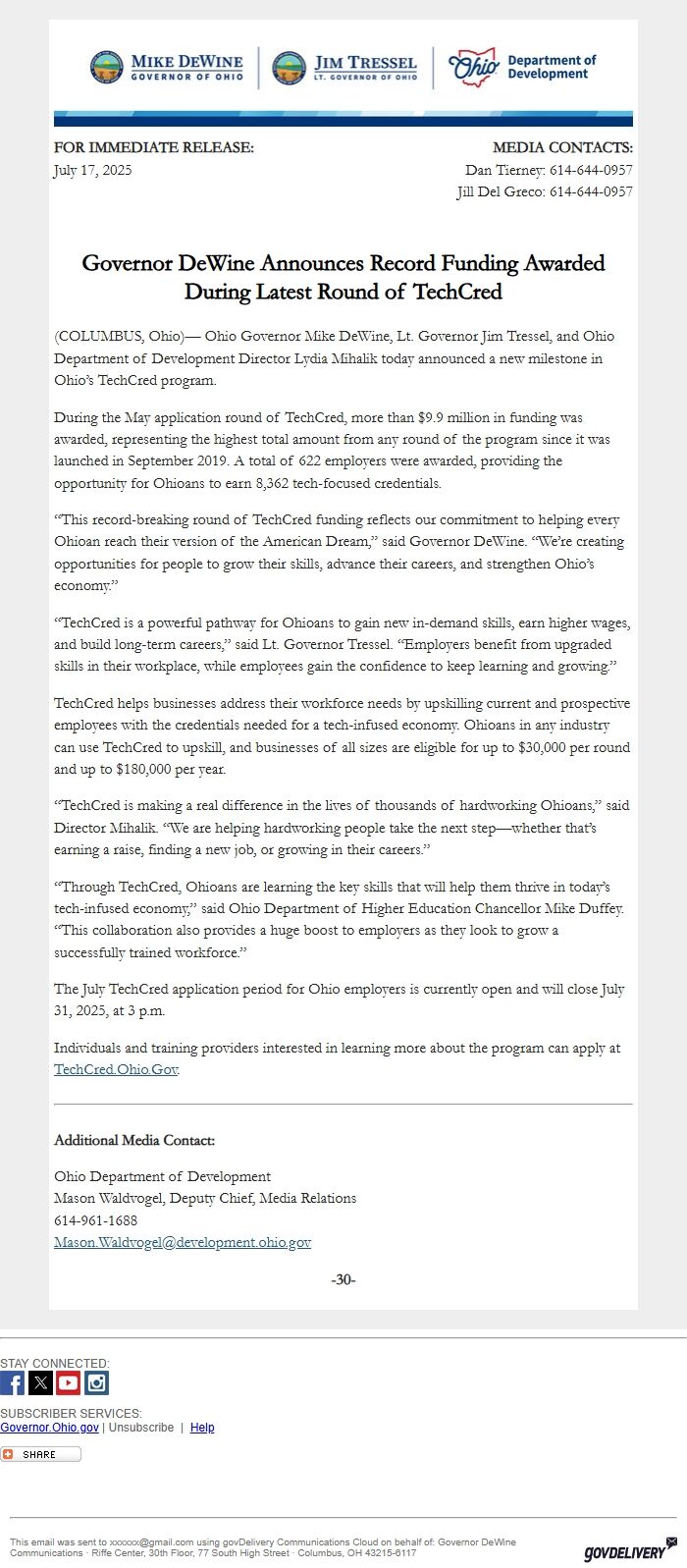 Screenshot of the email generated on import