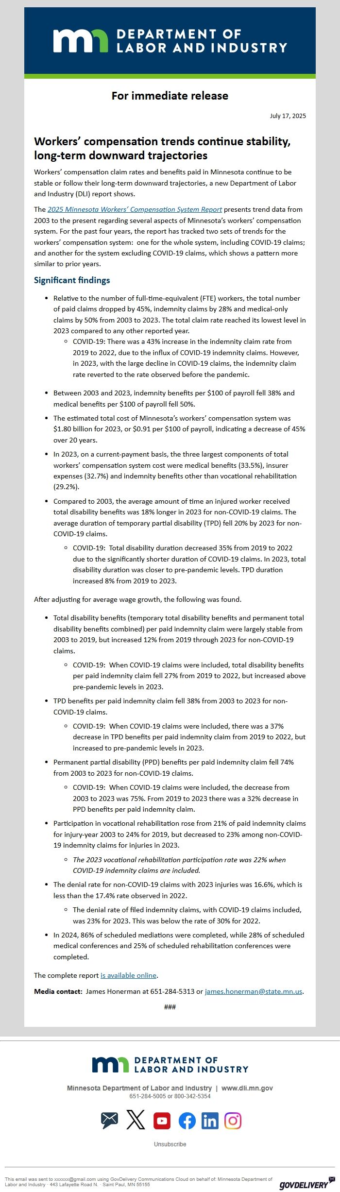 Screenshot of the email generated on import