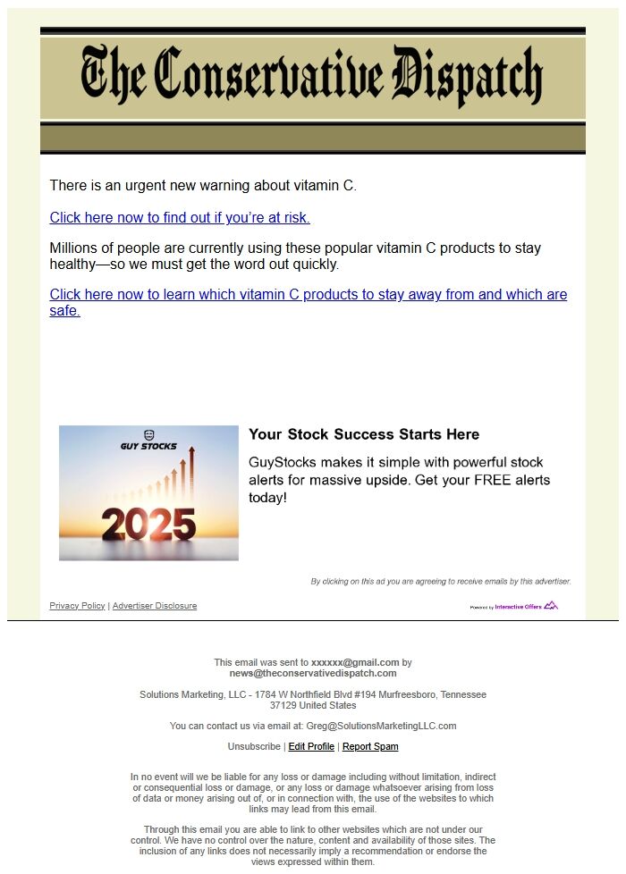 Screenshot of the email generated on import