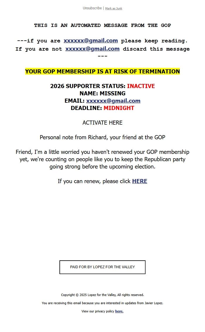 Screenshot of the email generated on import