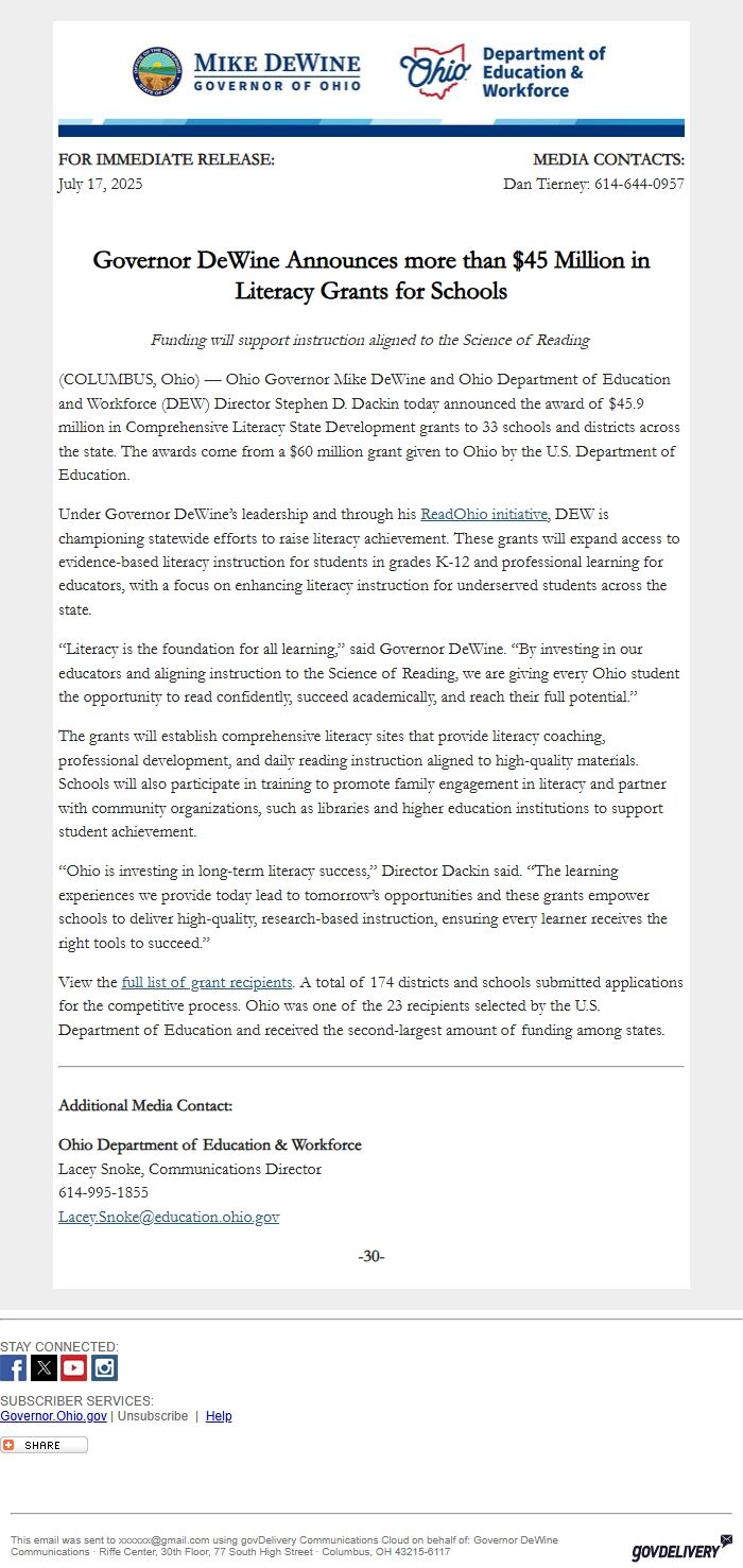 Screenshot of the email generated on import