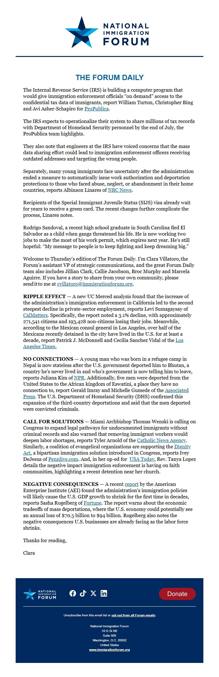 Screenshot of the email generated on import
