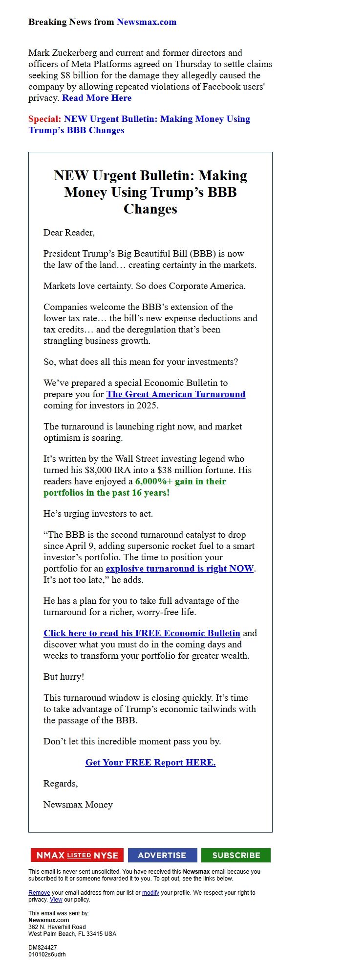 Screenshot of the email generated on import