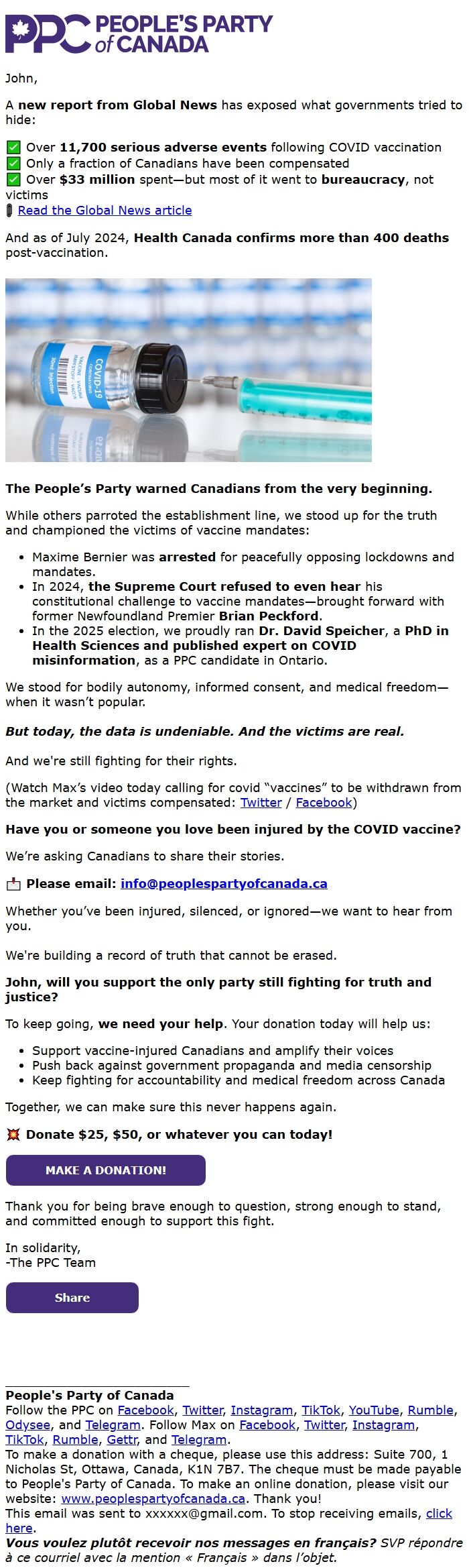 Screenshot of the email generated on import