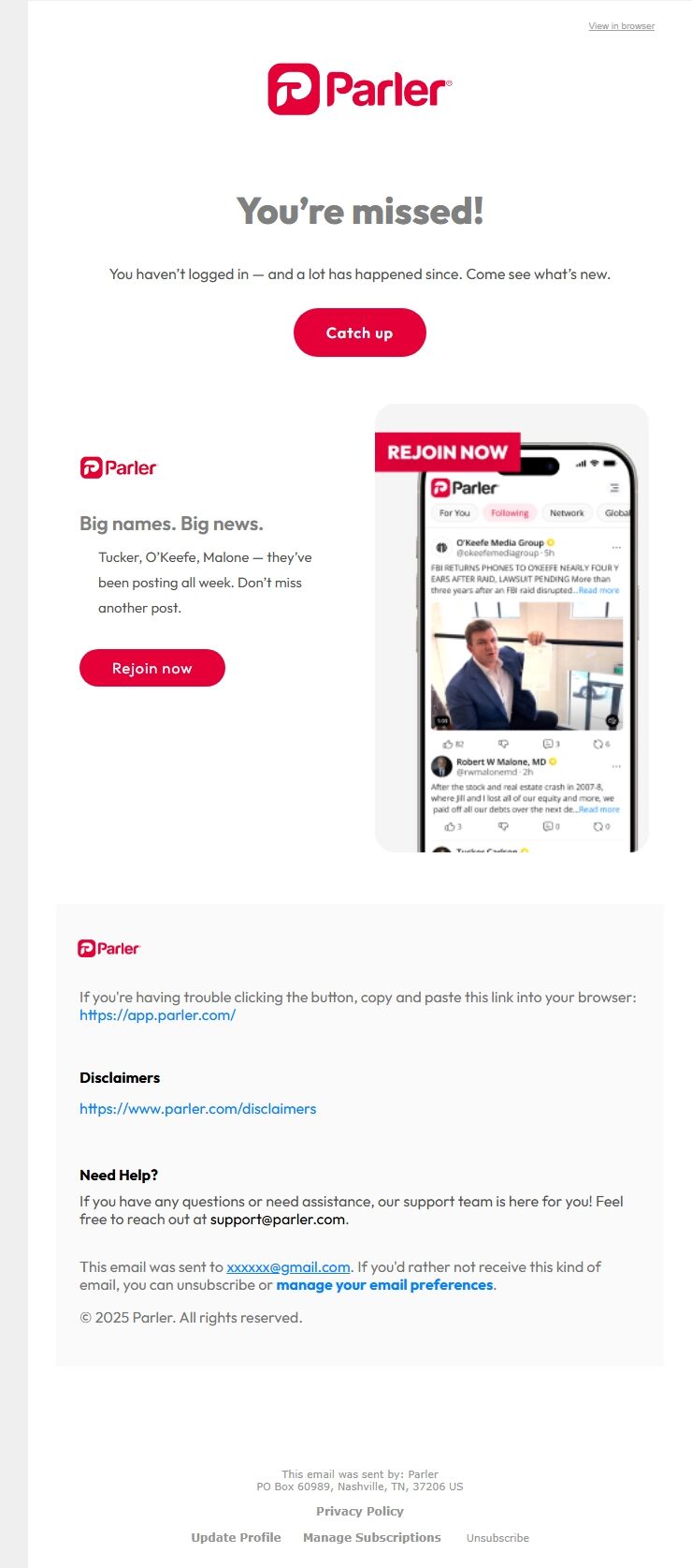 Screenshot of the email generated on import