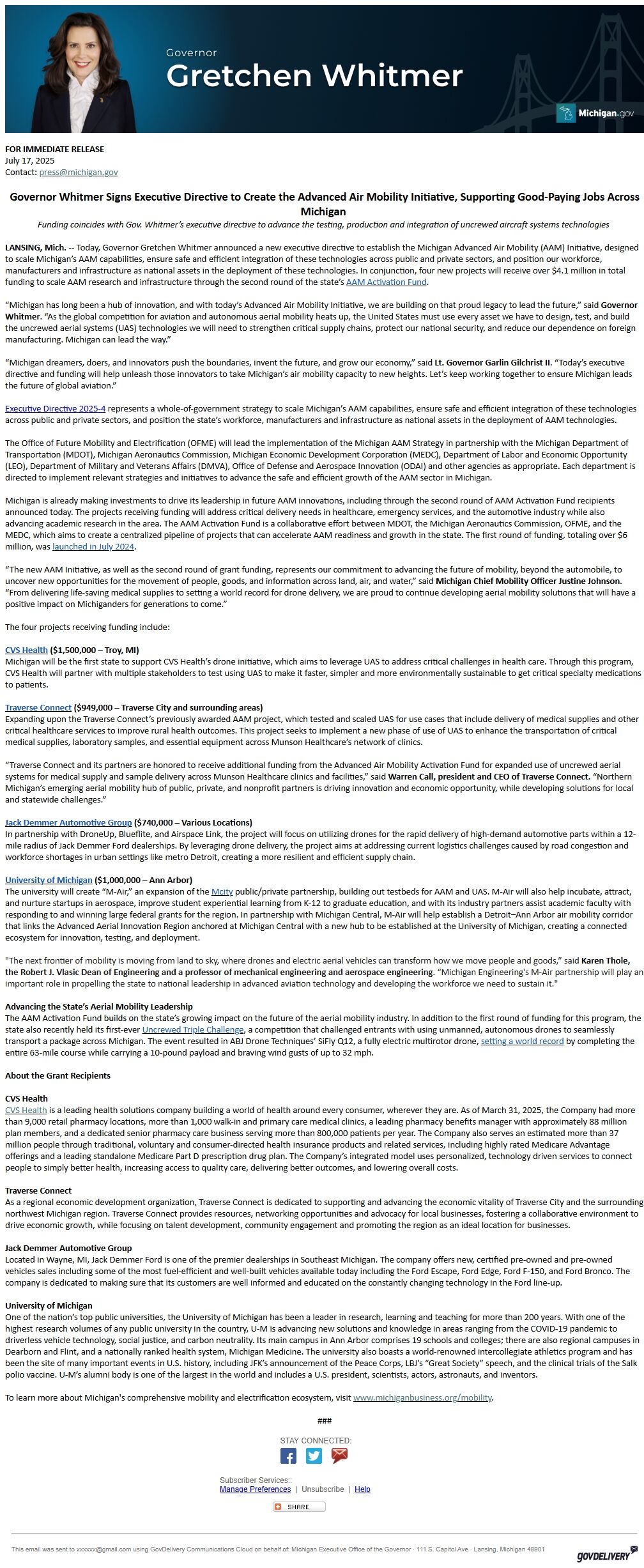 Screenshot of the email generated on import