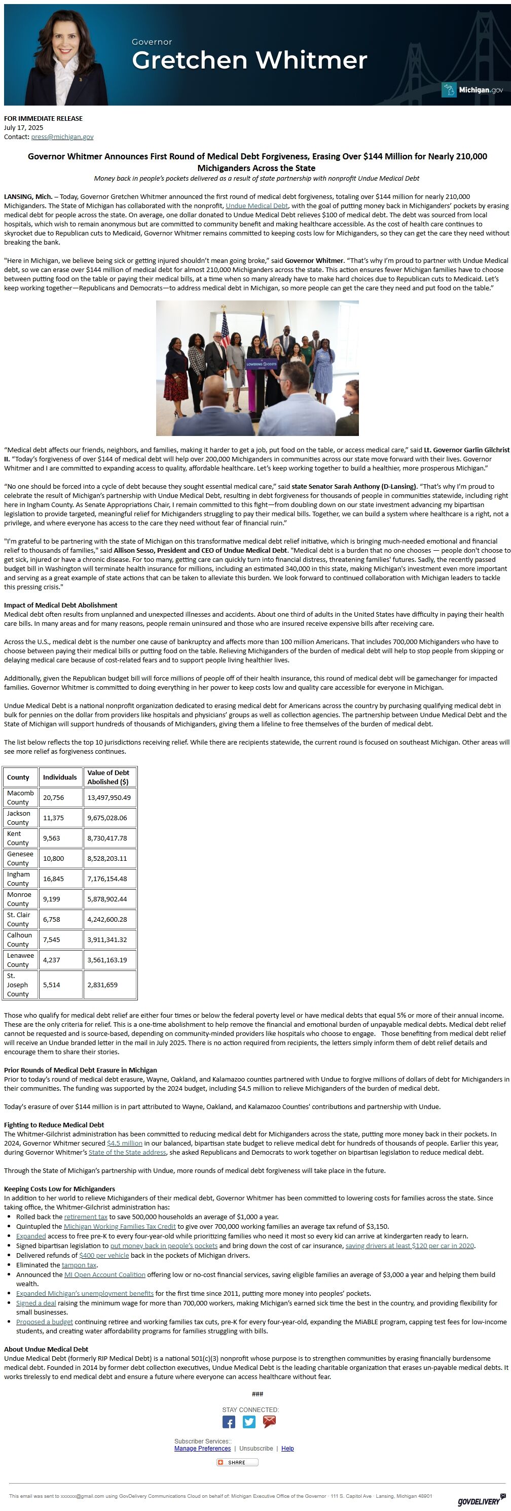 Screenshot of the email generated on import