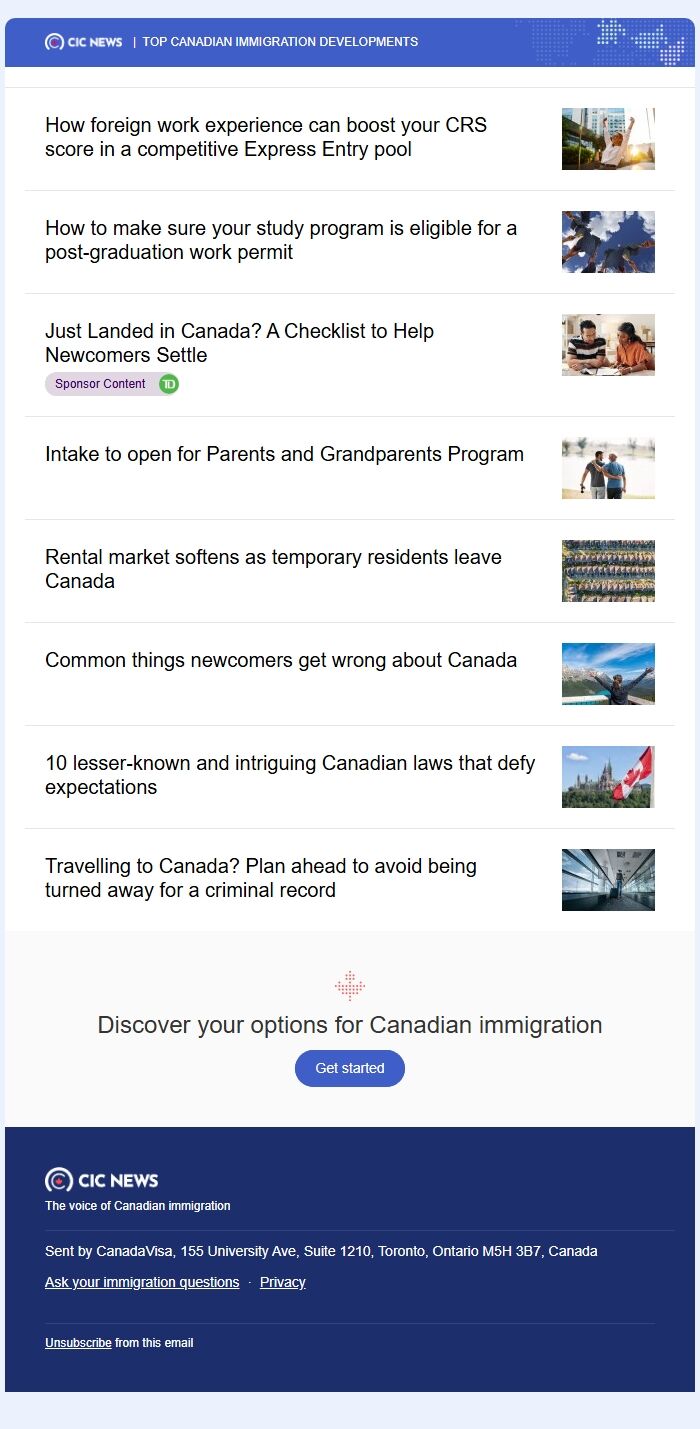 Screenshot of the email generated on import
