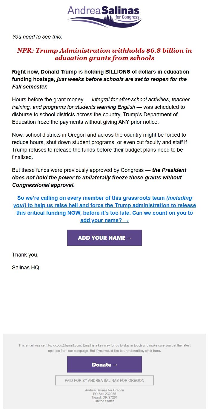 Screenshot of the email generated on import