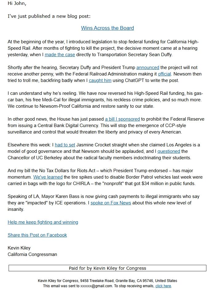 Screenshot of the email generated on import