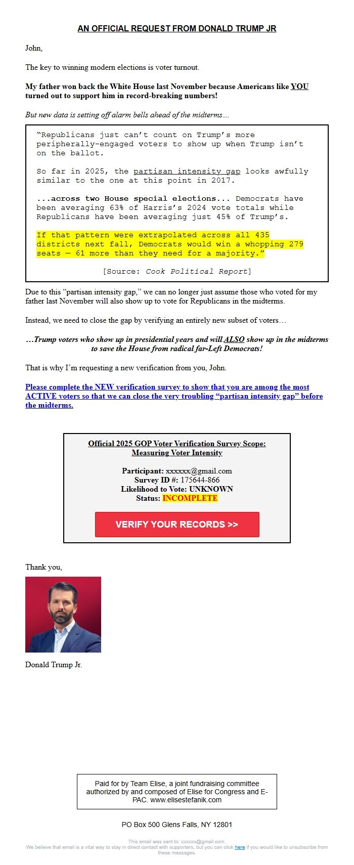 Screenshot of the email generated on import