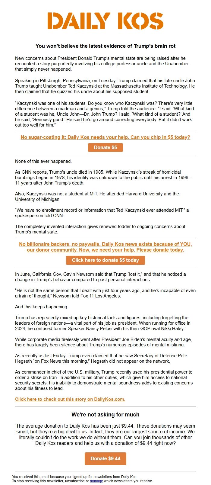 Screenshot of the email generated on import