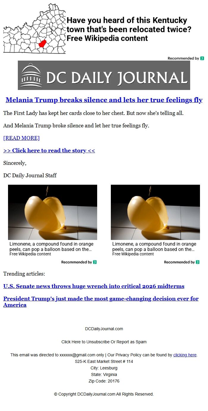 Screenshot of the email generated on import