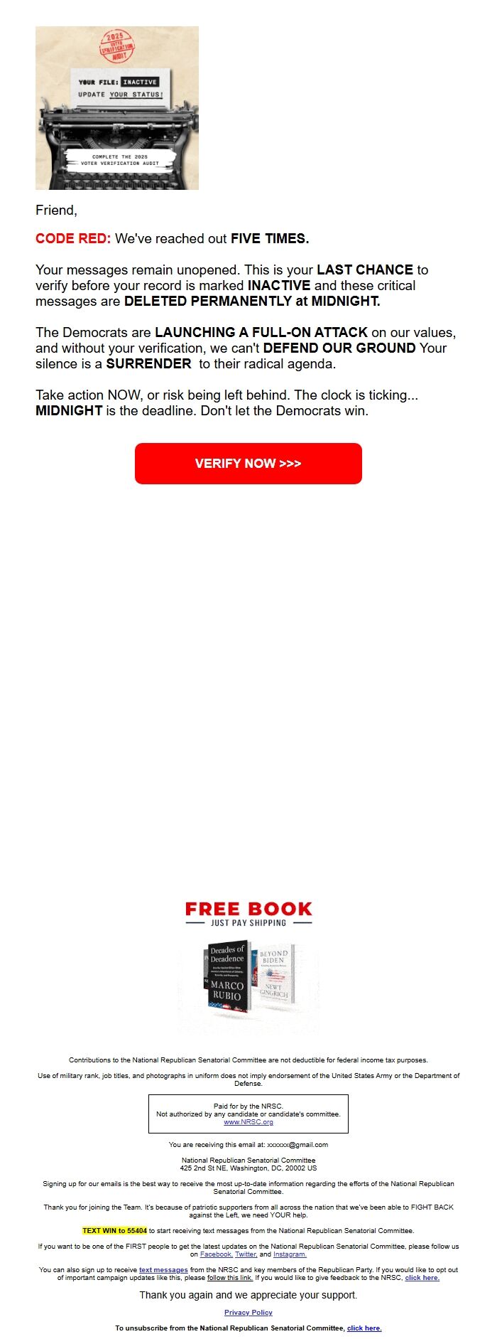 Screenshot of the email generated on import