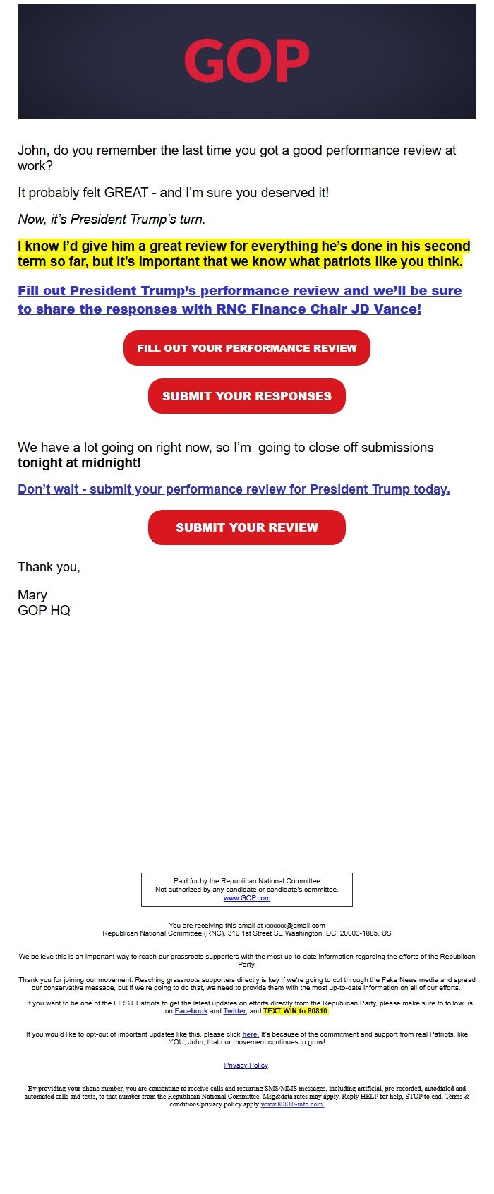 Screenshot of the email generated on import