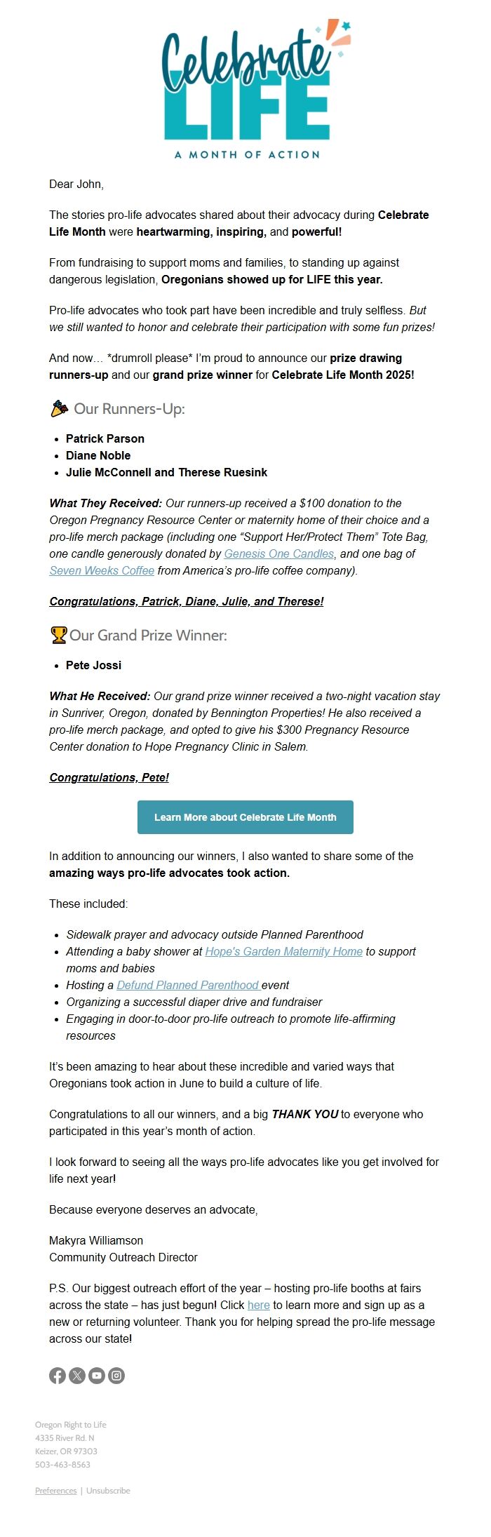 Screenshot of the email generated on import