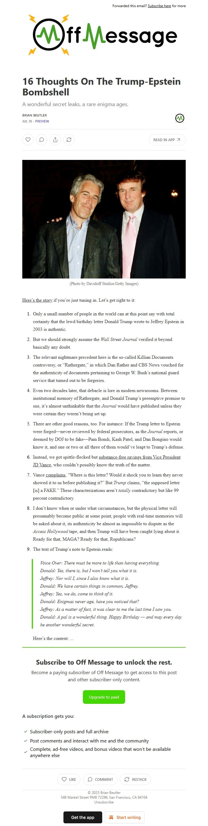 Screenshot of the email generated on import