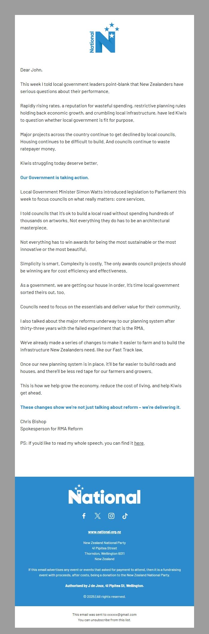 Screenshot of the email generated on import