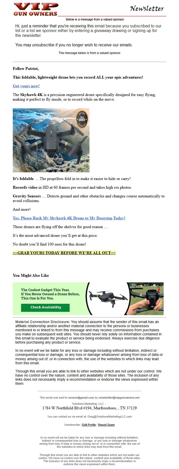 Screenshot of the email generated on import