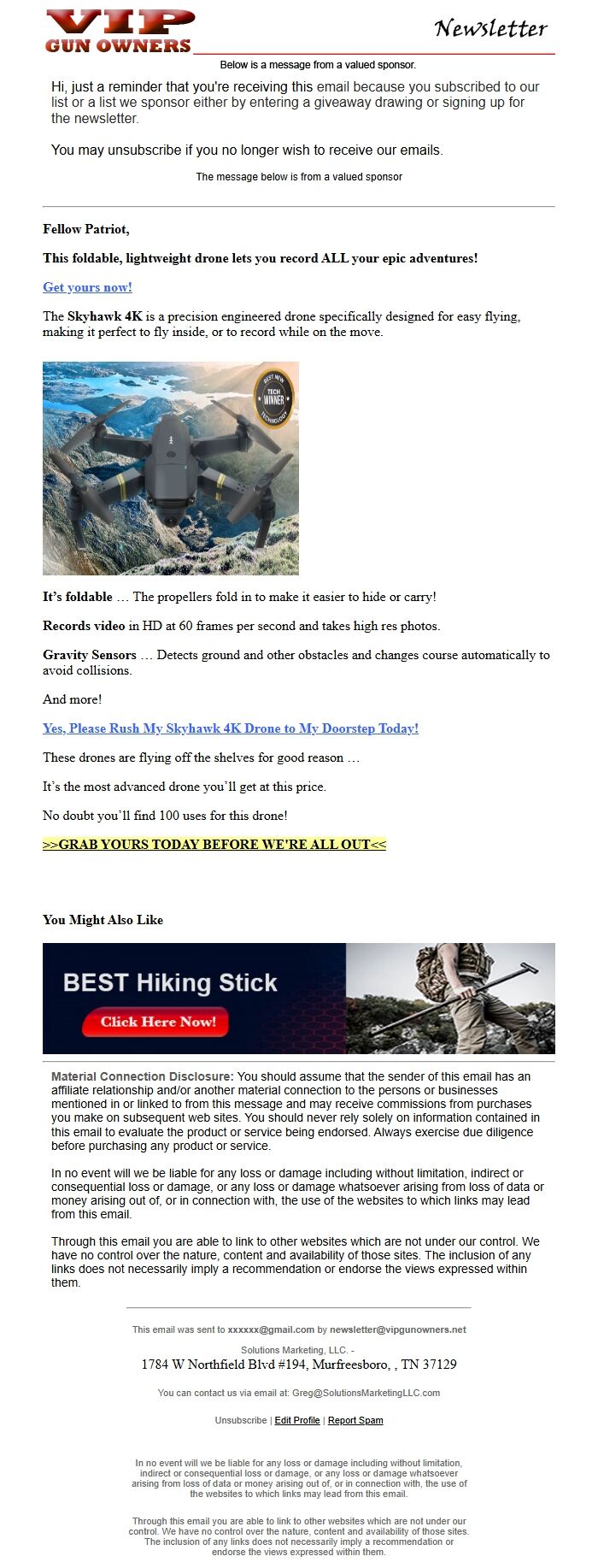 Screenshot of the email generated on import