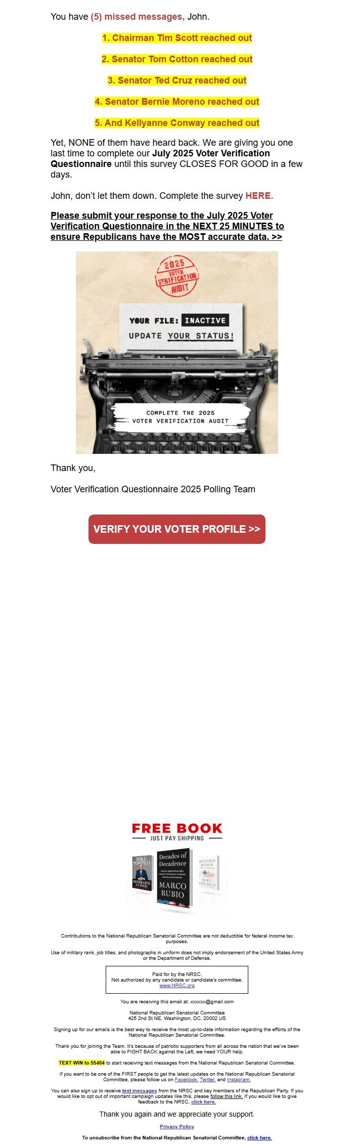 Screenshot of the email generated on import