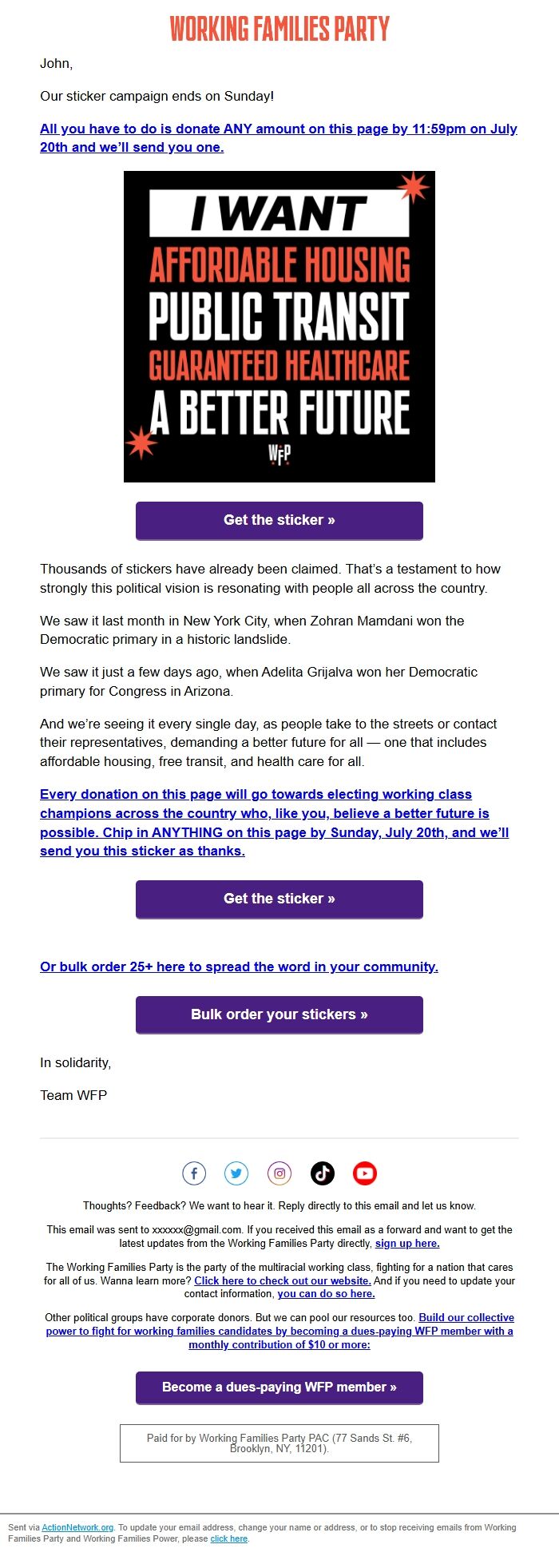 Screenshot of the email generated on import