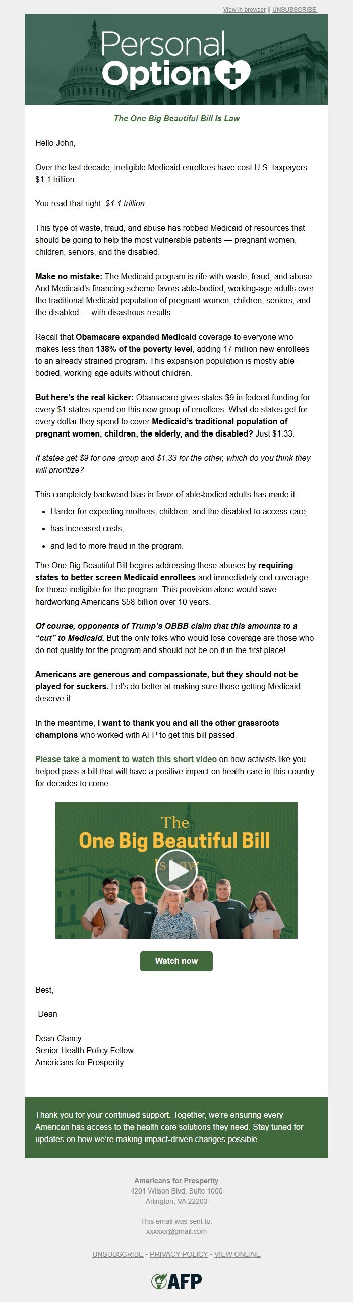 Screenshot of the email generated on import