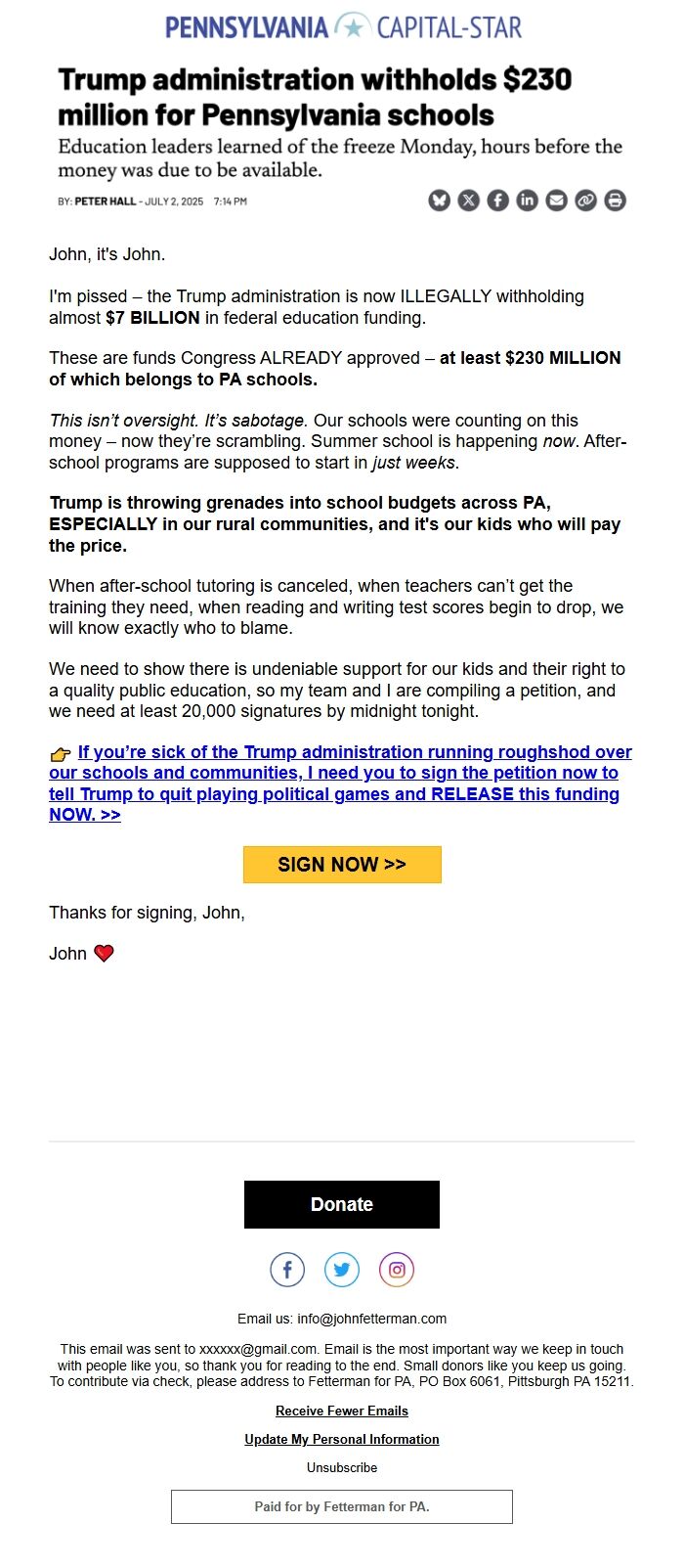 Screenshot of the email generated on import