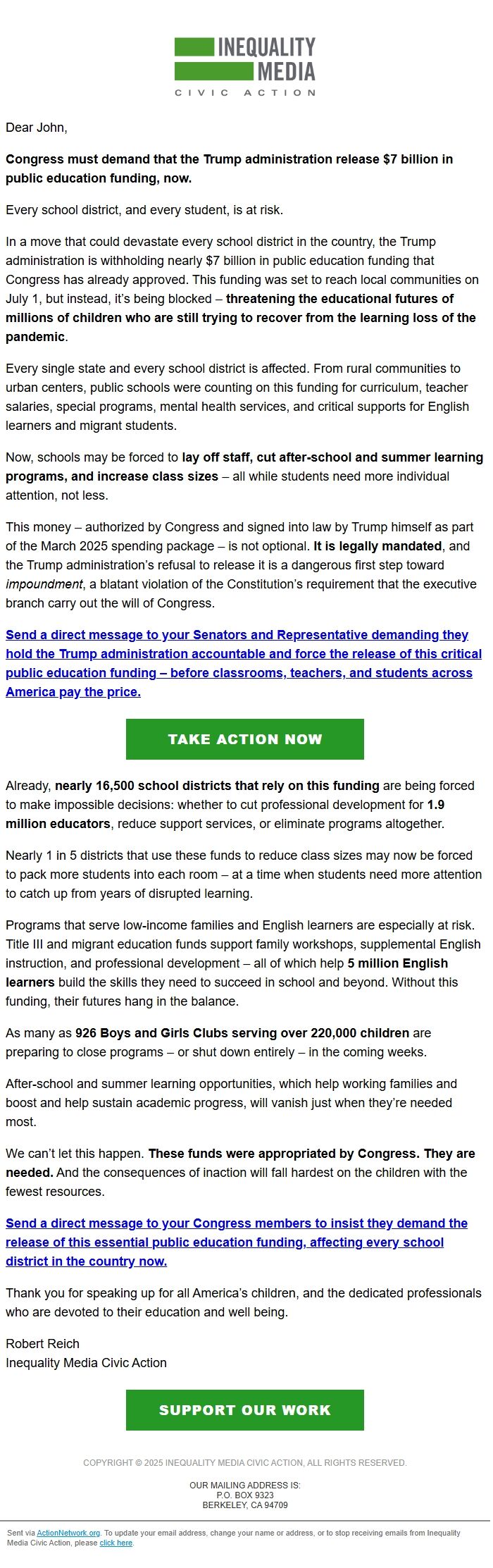 Screenshot of the email generated on import