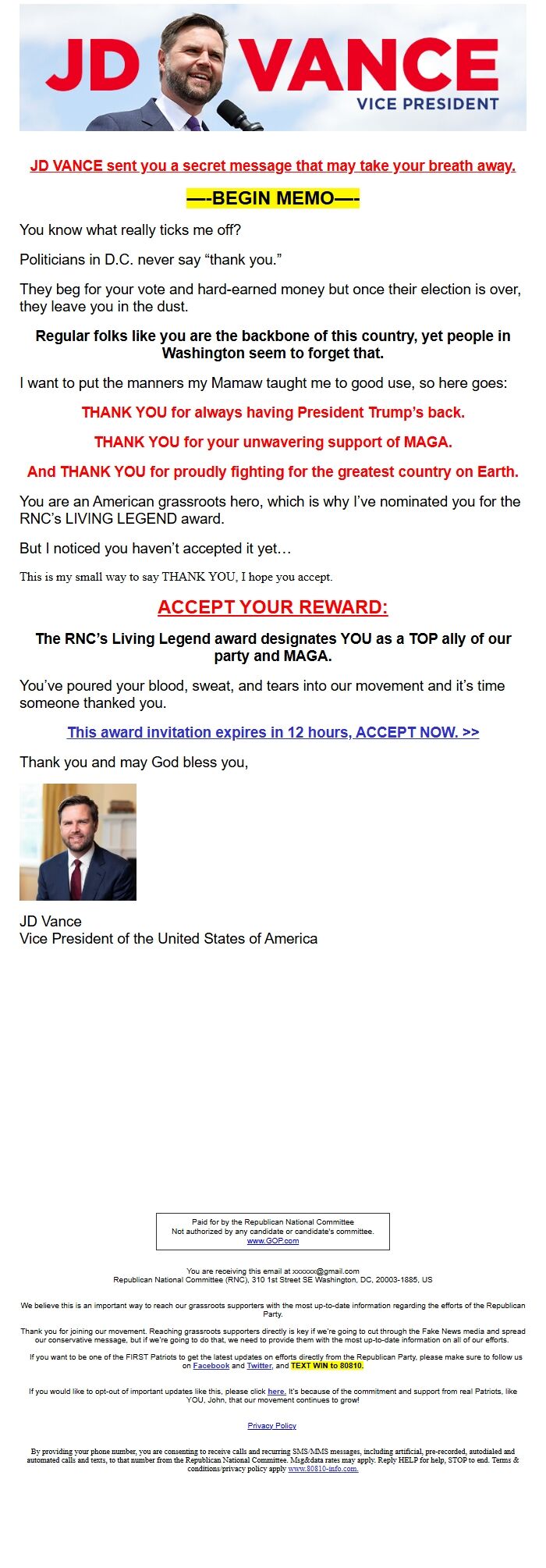 Screenshot of the email generated on import
