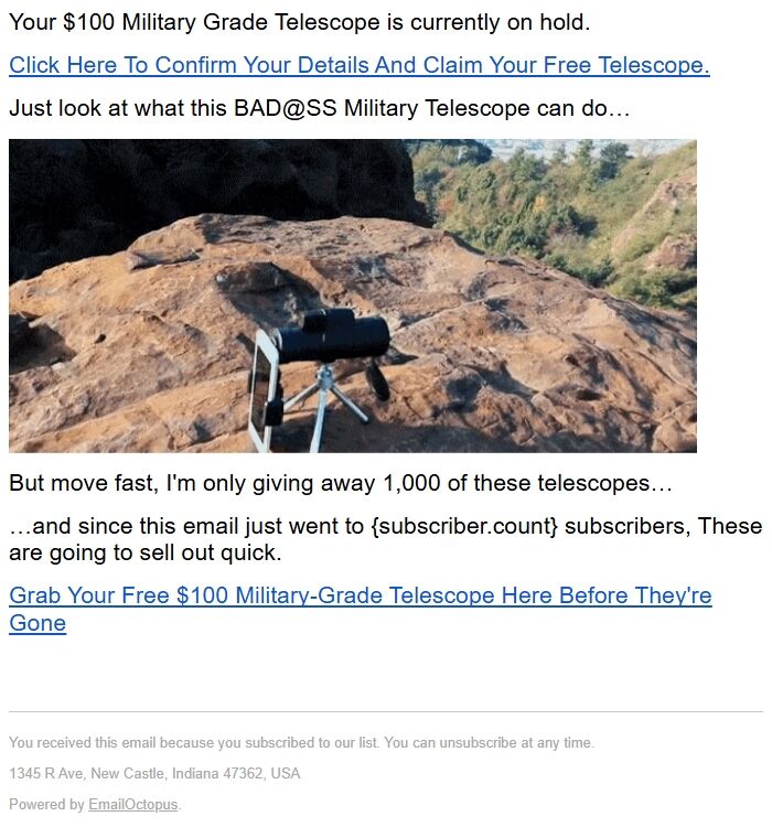 Screenshot of the email generated on import