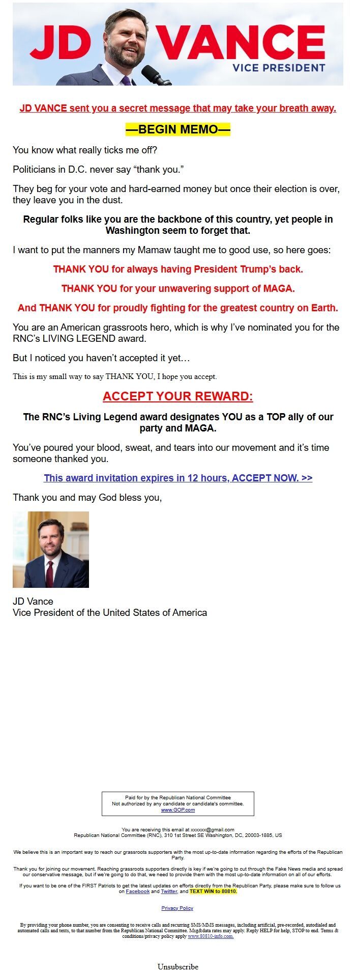 Screenshot of the email generated on import