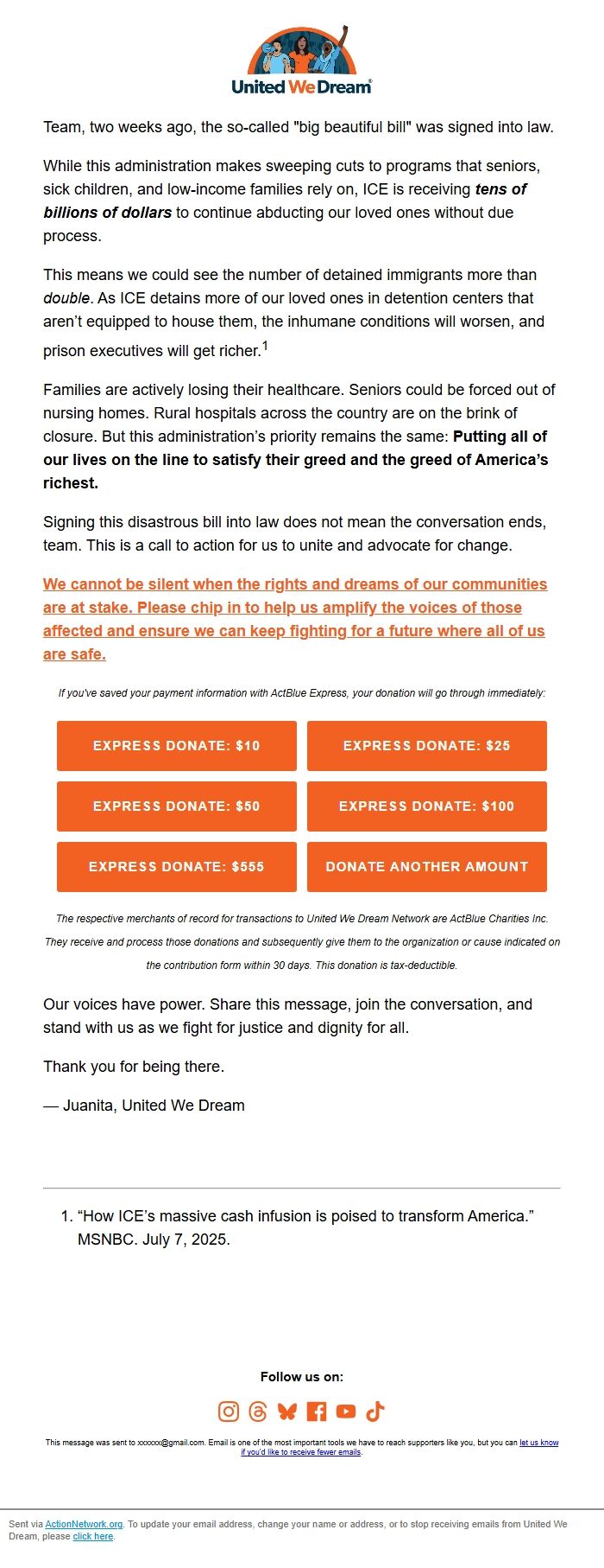 Screenshot of the email generated on import