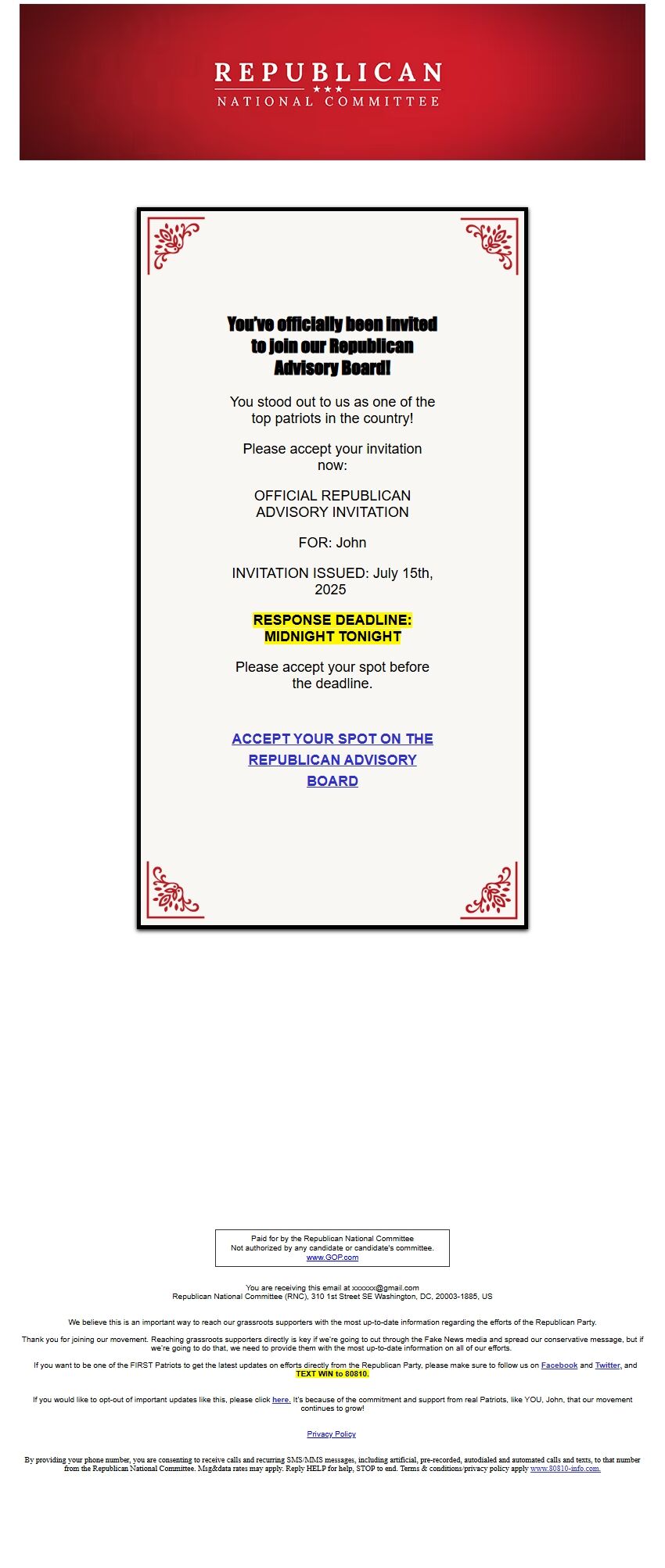 Screenshot of the email generated on import