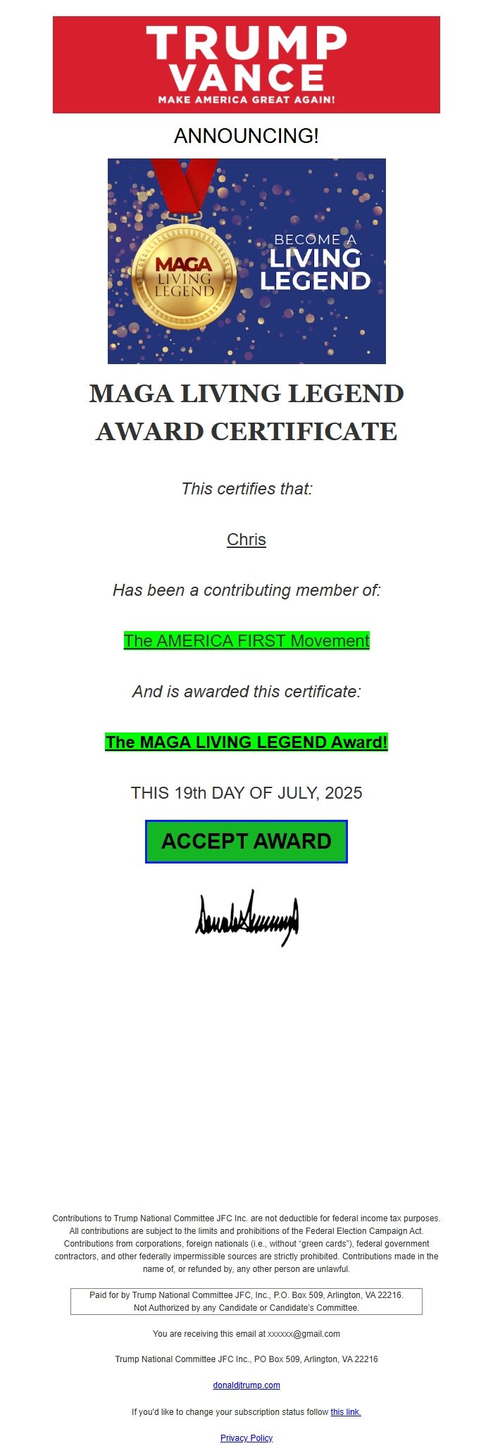 Screenshot of the email generated on import