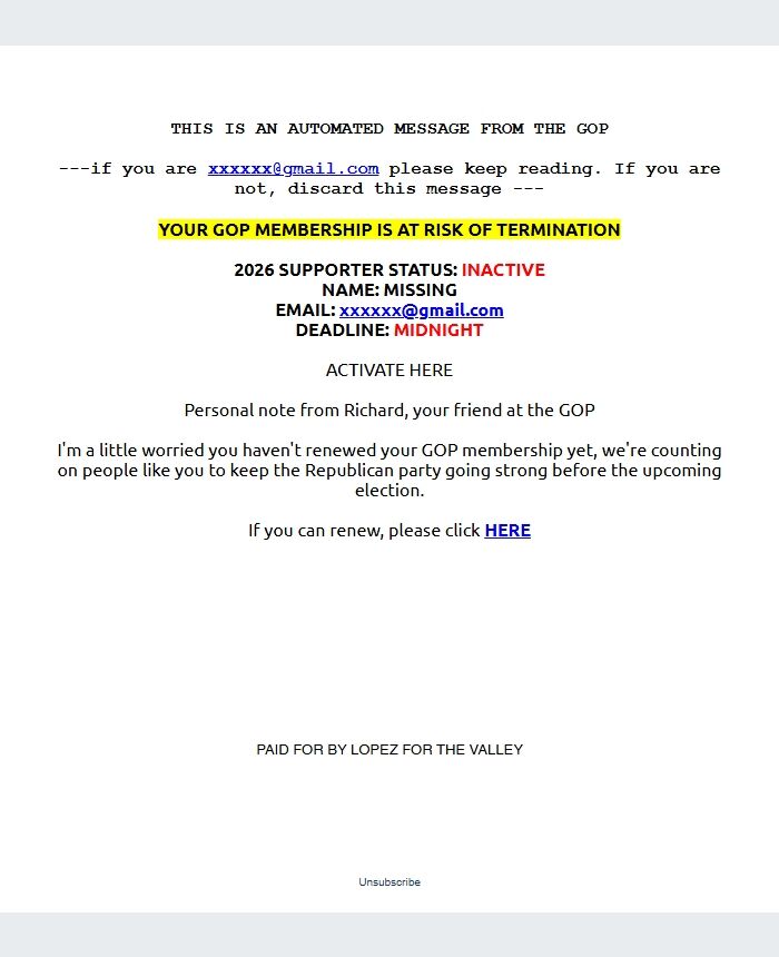 Screenshot of the email generated on import