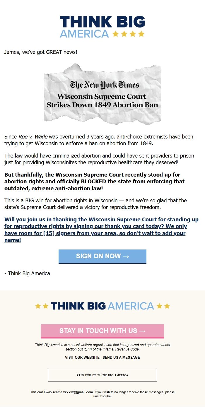 Screenshot of the email generated on import