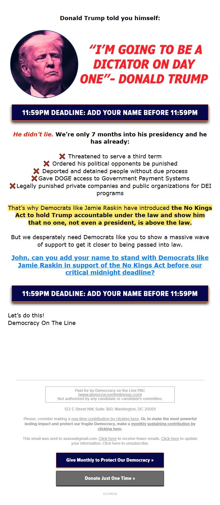 Screenshot of the email generated on import
