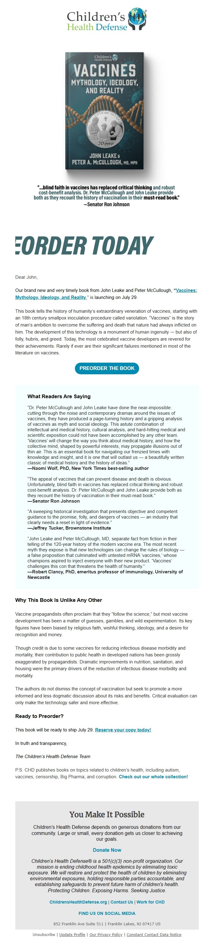 Screenshot of the email generated on import